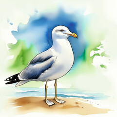 A seagull stands on the sand on a blue watercolour background