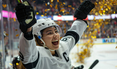Professional female ice hockey player celebrating the championship gold