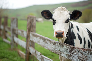 Black and white cow behind a wooden fence in a green field with copy space.