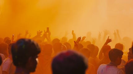 Fototapeta premium An orange Holi color over the crowd Holi festival concept