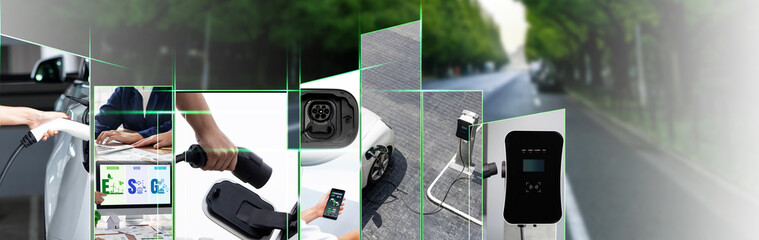 EV electric car vehicle charging and sustainable LCA green energy technology presented in panoramic...