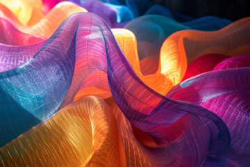 Fototapeta premium Flowing wavy transparent colorful fabric. Lightweight chiffon fabric dyed in rainbow colors with gradient. Close-up, selective focus.