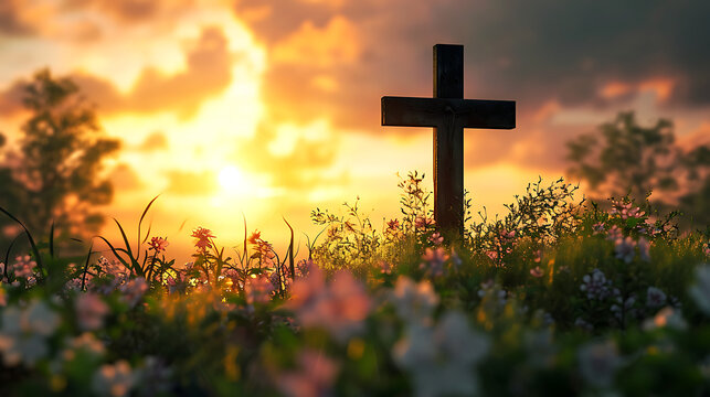Cross in the morning sunshine. Happy Easter day in the remembrance of "He is risen". easter sunrise cross, easter sunday flyer with copspace.