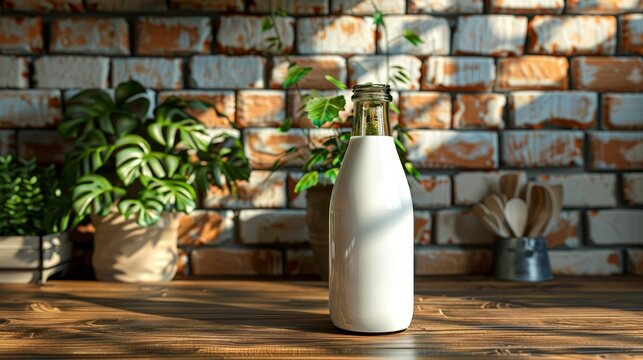 Glass milk bottle mockup with blank label in cozy kitchen setting for branding template