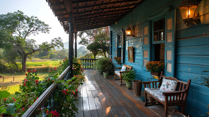 Obraz premium Rustic blue house with blossoming flowers on a wooden porch at dawn