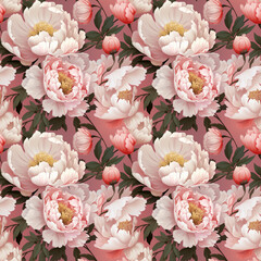 Hyper Realistic Illustration of Pink and White Peonies on Solid Pink Background Seamless Pattern