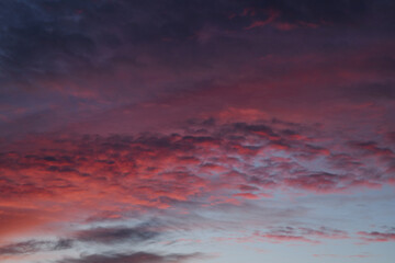 Purple sunset. Fluffy clouds. Romantic sky. Universal horizontal photo. The background picture.
