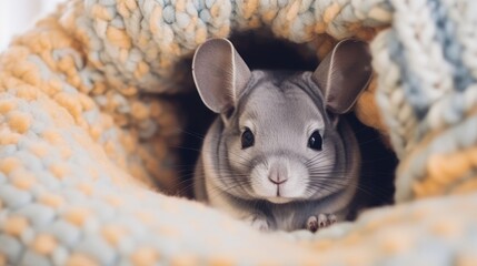 Cute gray chinchilla closeup portrait isolated. Chinchilla pet, rodent. Veterinarian consultation. Rodent specialist. Food for rodents and animals. A chinchilla warms herself in a knitted blanket. - obrazy, fototapety, plakaty