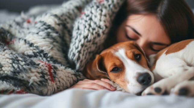 Young woman sleeping under a blanket in bed with her pet. Beloved purebred dog jack russell puppy lies in bed with a owner. Concept pets love, animal life, dog companion.