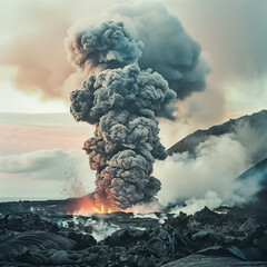 Majestic Volcanic Eruption Captured at Dusk - obrazy, fototapety, plakaty