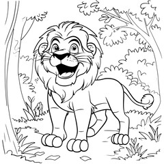 Template for coloring cartoon animal lion in the forest. Children's coloring book