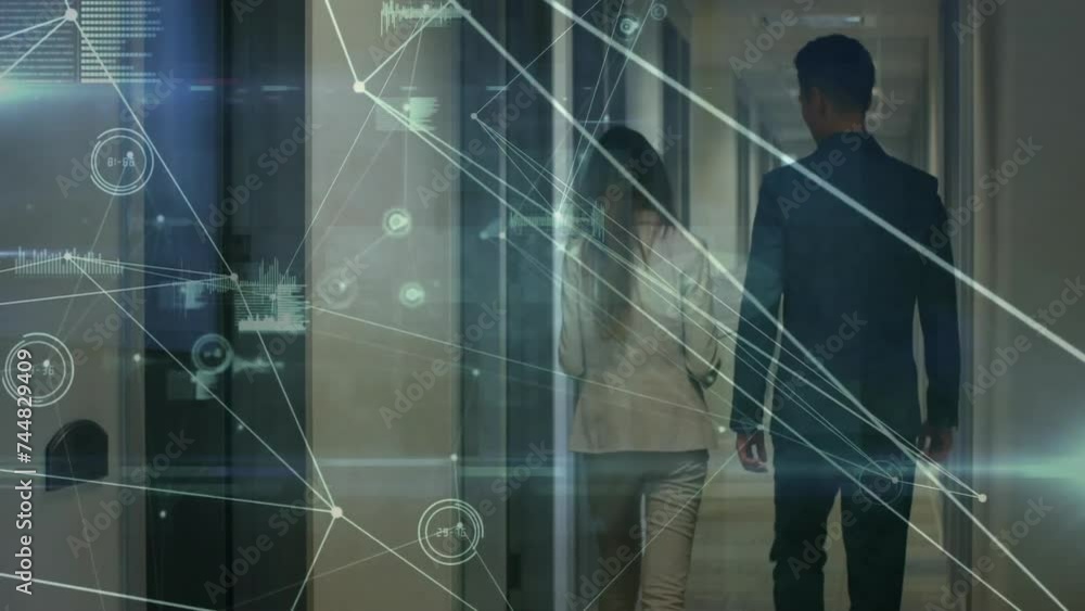 Poster animation of network of connections with data processing over caucasian colleagues walking in office