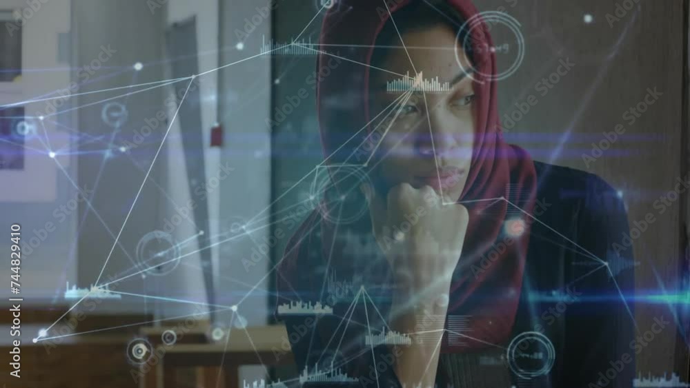Poster animation of network of connections with data processing over biracial woman with smartphone