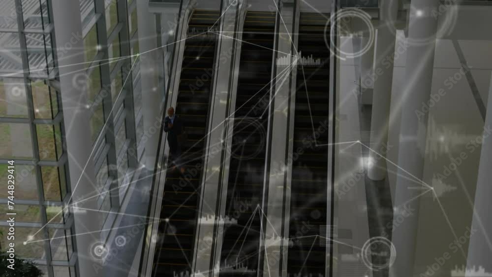 Poster animation of network of connections with data processing over business people on escalator