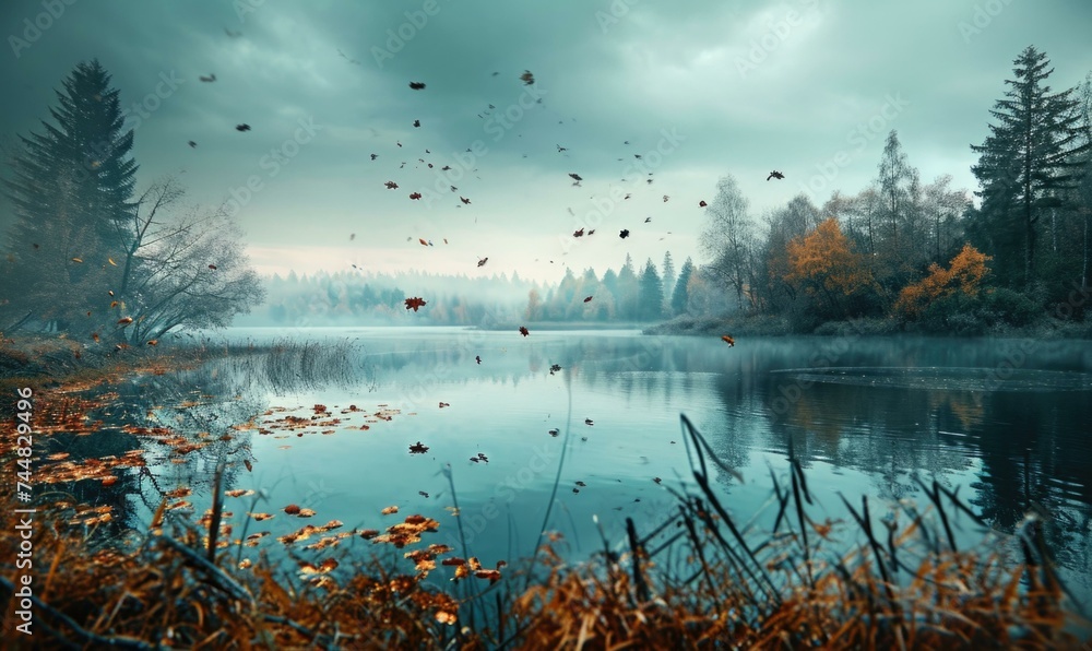 Aufkleber an autumn scene with a lake and trees. generative ai.
