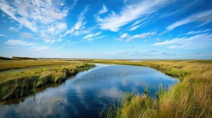 Fototapeta na wymiar Vast expanses of marshland meet the endless horizon of the sea.