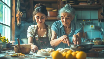 Moms and dads making cookies and cakes with their children. Parents and children have fun making cookies. - obrazy, fototapety, plakaty