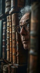 An old man with glasses peeking out from behind a pile of books. Generative AI.