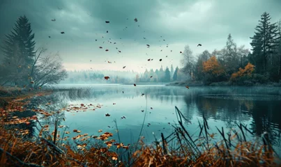 Fotobehang An autumn scene with a lake and trees. Generative AI. © Nikolay