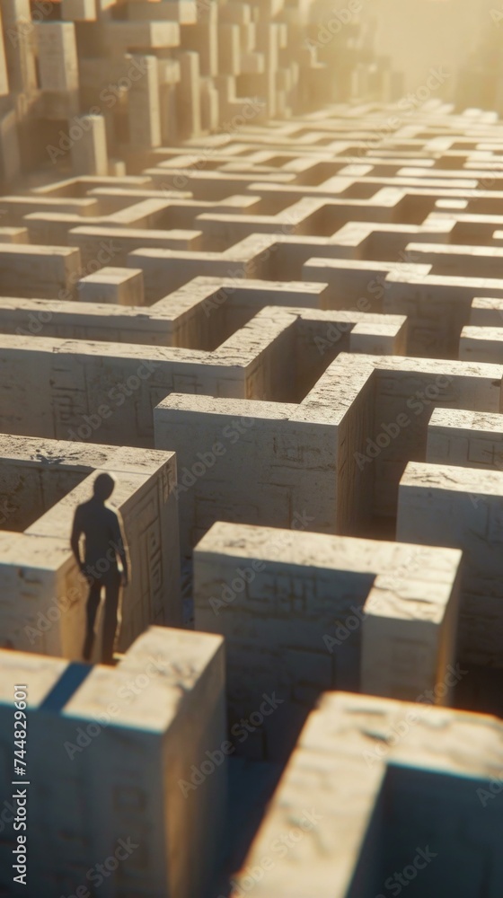 Poster a man standing in front of a maze. generative ai.