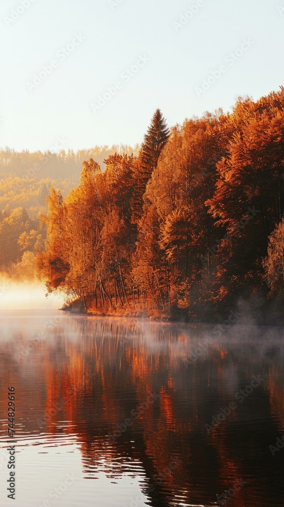 Poster a lake with trees in the background. generative ai.