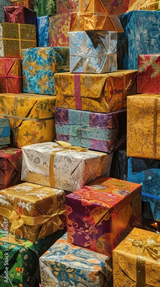 Poster many colorful boxes stacked together with bows and ribbons. generative ai.