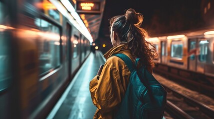 A woman with a backpack standing in front of a train. Generative AI.