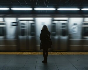 A woman stands in front of a subway train. Generative AI.