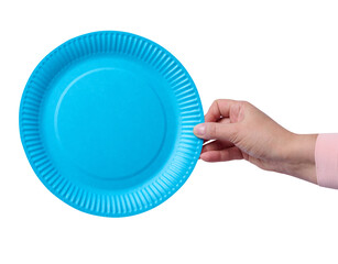 Woman's hand holding a round blue paper plate
