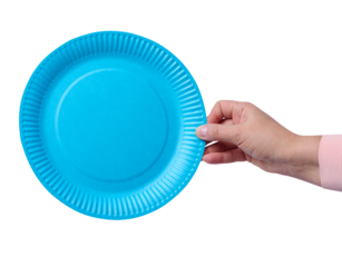Woman's hand holding a round blue paper plate