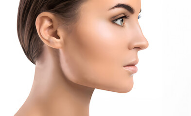 Fototapeta premium Close up profile side view of female model face with perfect skin on white background.
