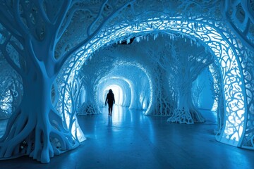 A person walking through a tunnel made of ice. Generative AI.