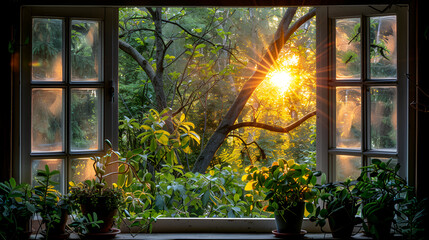 Morning light streaming through a forest facing window with indoor plants.