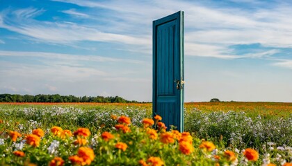 door in field of flowers