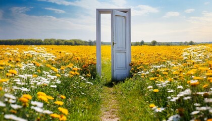 Open door in field of flowers