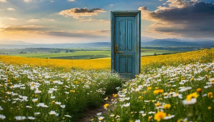 Open door in green grass field at sunset