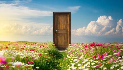 Open door in field of flowers