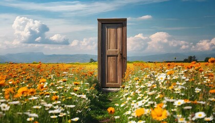 Open door in green grass field at sunset