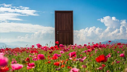 Open door in field of flowers