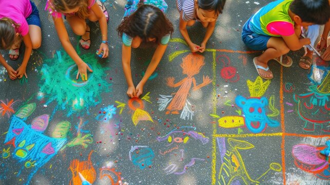 A happy group of children are engaging in leisurely sports and recreation by sitting on the ground, drawing with chalk. AIG41