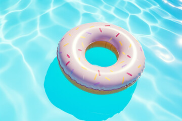 A doughnut - an inflatable circle floats on the background of a pool with bright clear water on a sunny day. Top view, place to copy