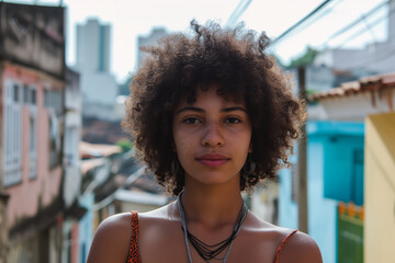 Portrait of a young diverse  brazilian woman with curly hair and freckles, wearing a patterned top and layered necklaces, standing in an Favela alley in Sao Paulo, Brazil.