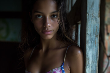 Fototapeta na wymiar Young Brazilian Woman from Sao Paulo posing in Bikini: Portrait of a beautiful young brazilian woman in bikini looking at camera.