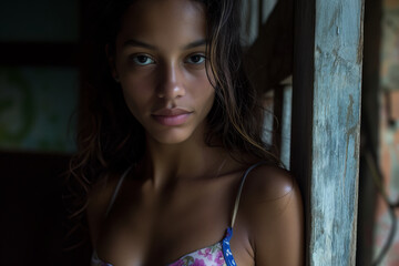 Young Brazilian Woman from Sao Paulo posing in Bikini: Portrait of a beautiful young brazilian woman in bikini looking at camera.