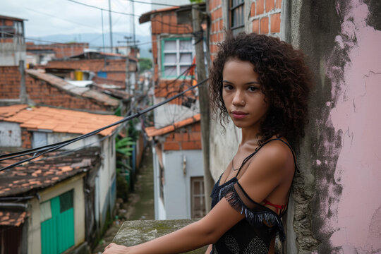 A beautiful Brazilian woman with curly hair in the streets of a Favela in São Paulo, Brazil. Streetphotographie in São Paulo, Brazil.