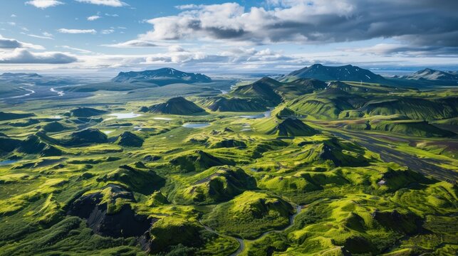 Untouched beauty of green landscape from above, where rugged terrain and pristine wilderness paint a picture of natural splendor. 