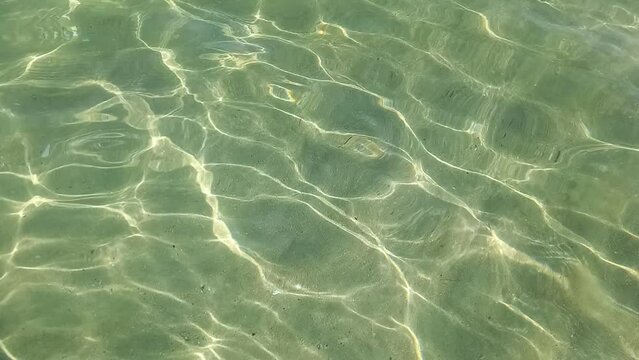 Seabed in shallow water. wave running onto sandy shore. Yellow sand is visible through clear, clean sea water. Sun glare on surface of water. Abstract natural background