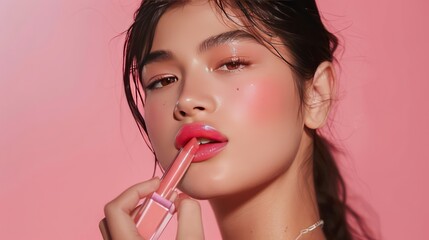Beautiful model doing advertisement of pink lipstick shade, pink background