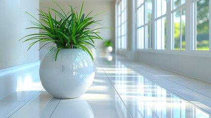 Bright corridor: white vase with spiky green plant, sunlight streaming in