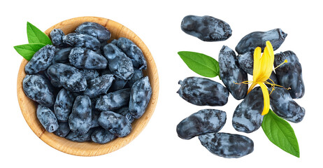 Fresh honeysuckle blue berry in wooden bowl isolated on white background with full depth of field. Top view. Flat lay - Powered by Adobe